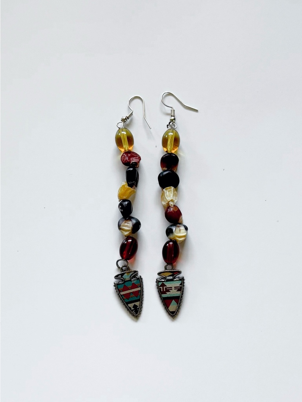 Boho Multicolor Beaded Dangle Earrings with Tribal Arrowhead Charm
